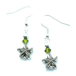 Brighton Seascape Starfish Shell Ocean Life Olive Green Beads Custom Earrings